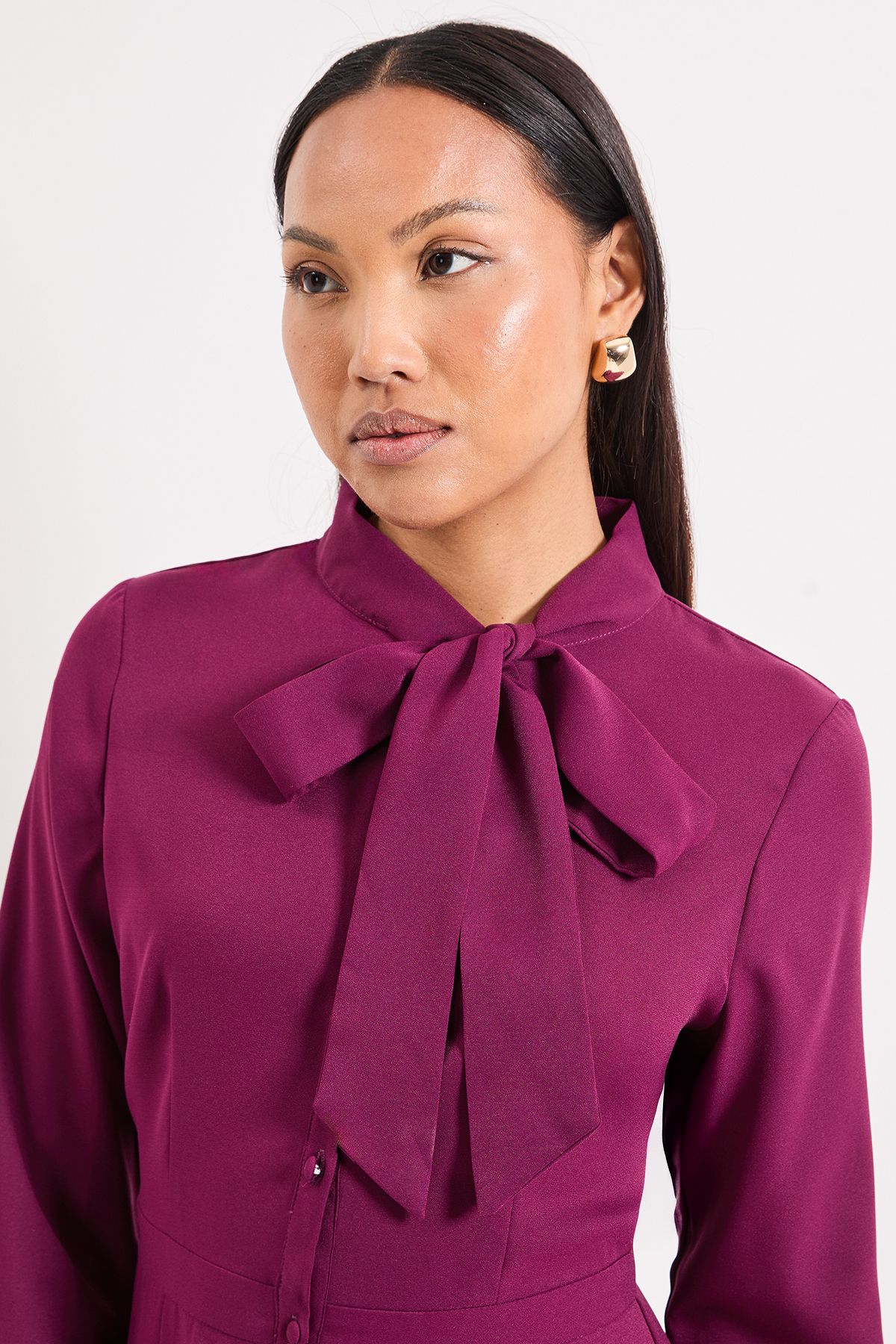 Principles Tie Neck Yolk Detail Crepe Midi Dress Wine image 4