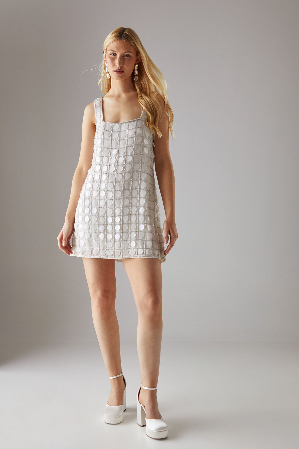 Warehouse Hen Premium Hand Embellished Sequin Mini Dress Ivory image 2