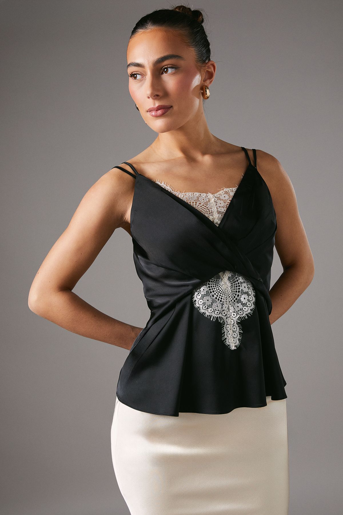 Coast Lace Insert Wrap Front Satin Vest Black/nude image 2