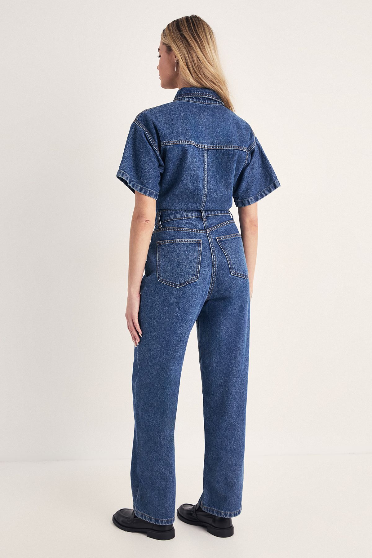 NastyGal Denim Low Rise Boyfriend Jumpsuit Authentic Midwash image 3