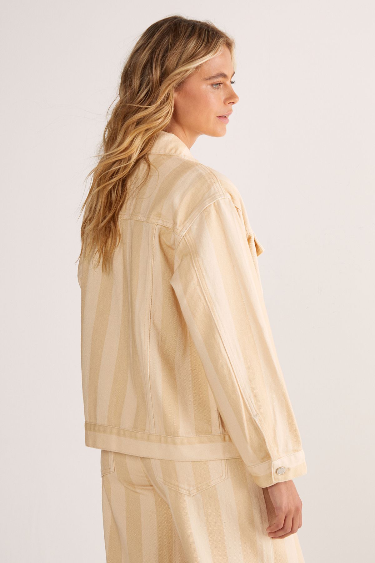NastyGal Pinstripe Denim Jacket Beige image 4