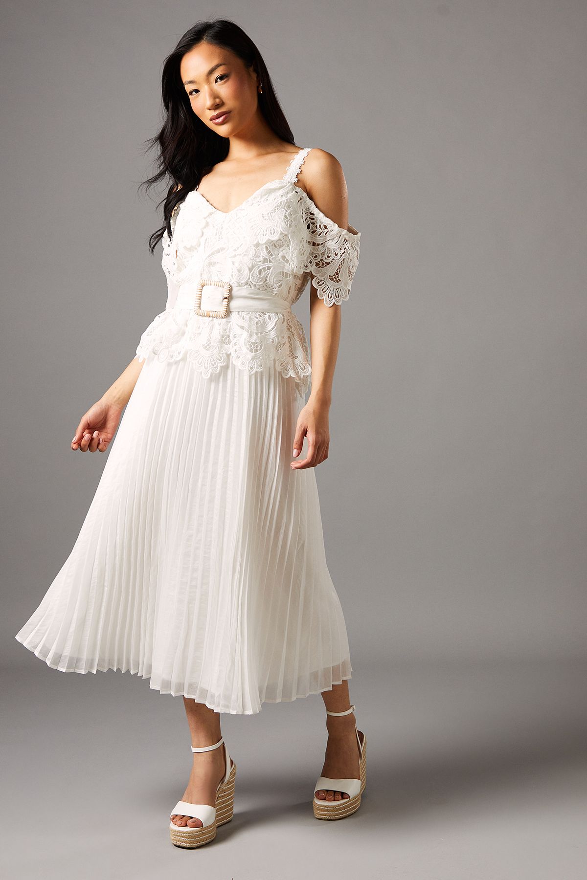 Coast Lace Top Pleated Skirt Midi Dress With Belt Ivory image 1