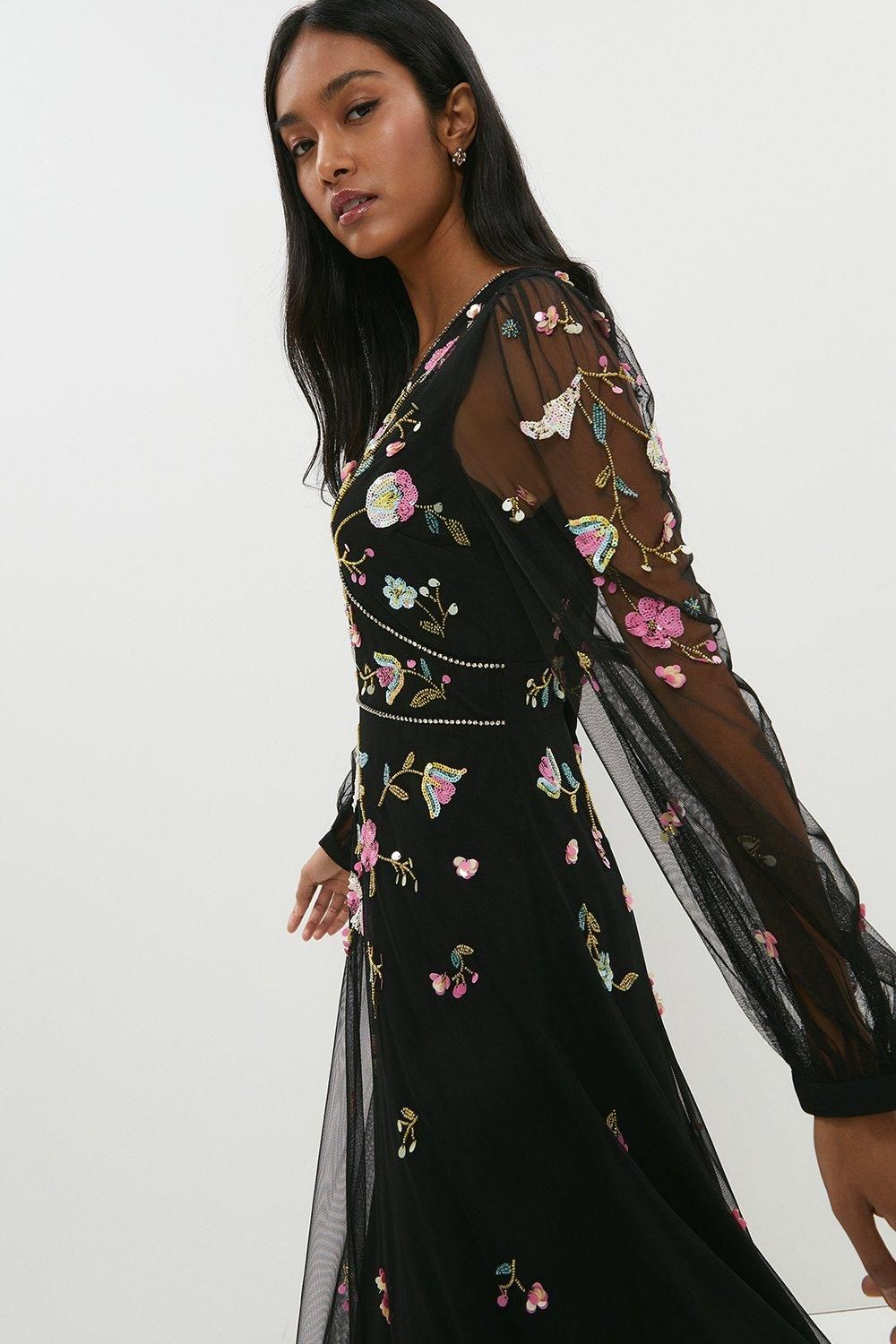 Coast Embellished Trim Long Sleeve Midi Dress Black image 1