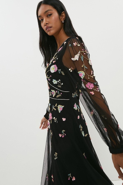 Coast Embellished Trim Long Sleeve Midi Dress Black