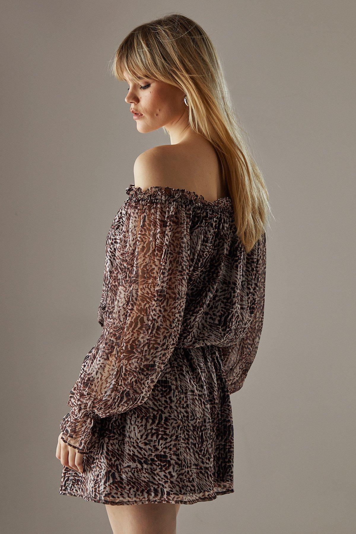 Warehouse Metallic Chiffon Bardot Drop Waist Mini Dress Animal image 3