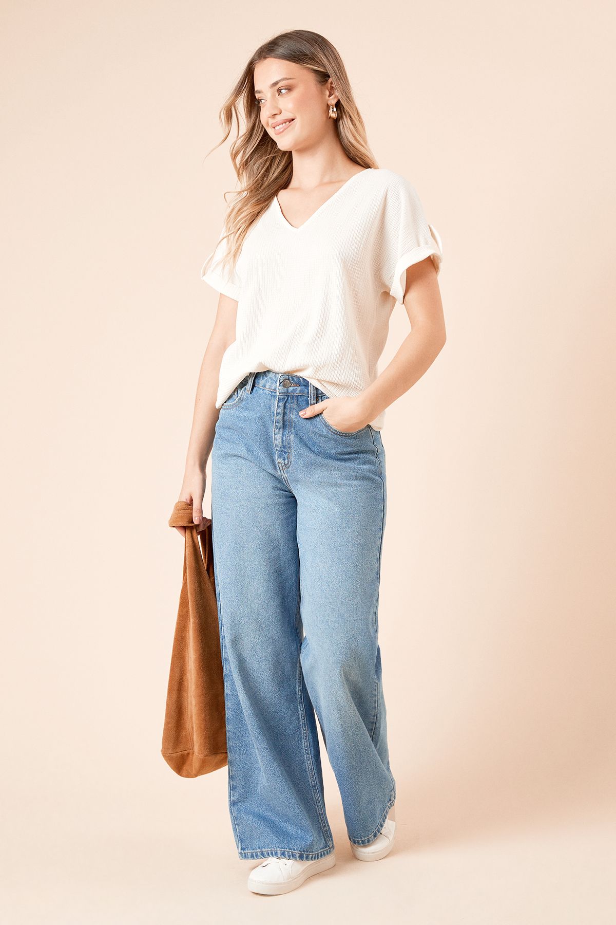 Dorothy Perkins V Neck Roll Sleeve Jersey Top Cream image 1