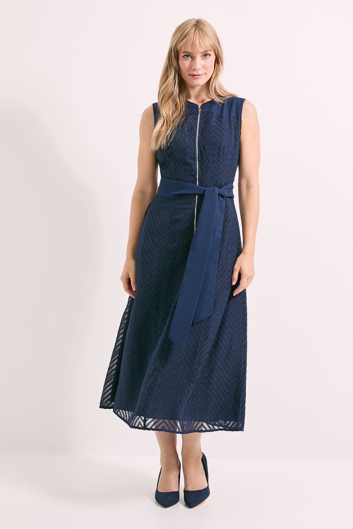 Principles Navy Western Yoke Tie Waist Jacquard Midi Dress Navy