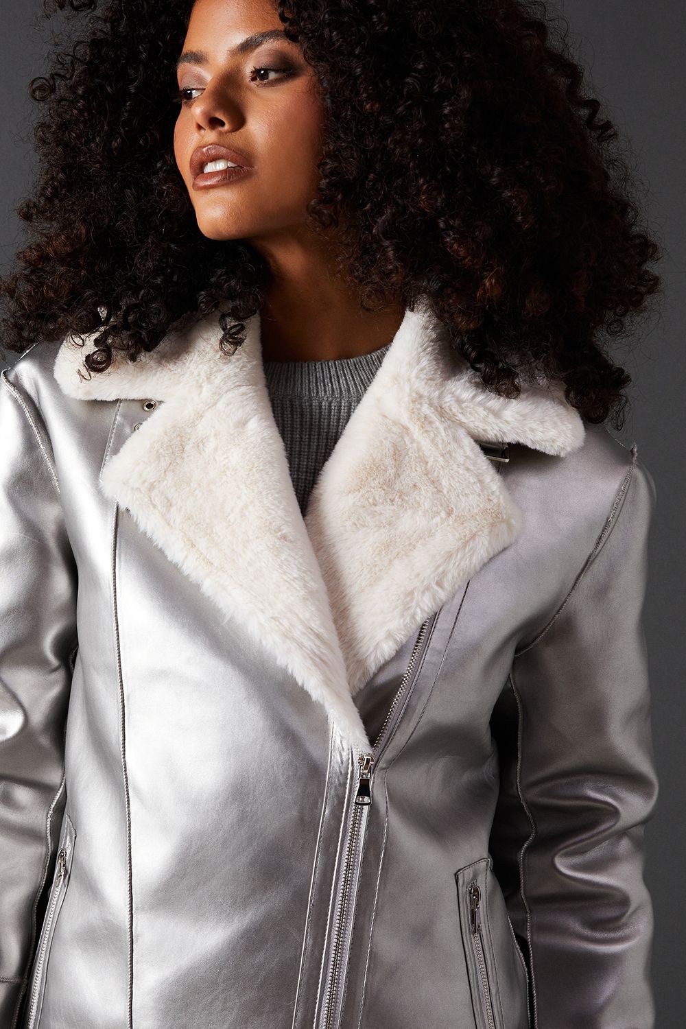 Warehouse Metallic Aviator Jacket Metallic Silver image 2