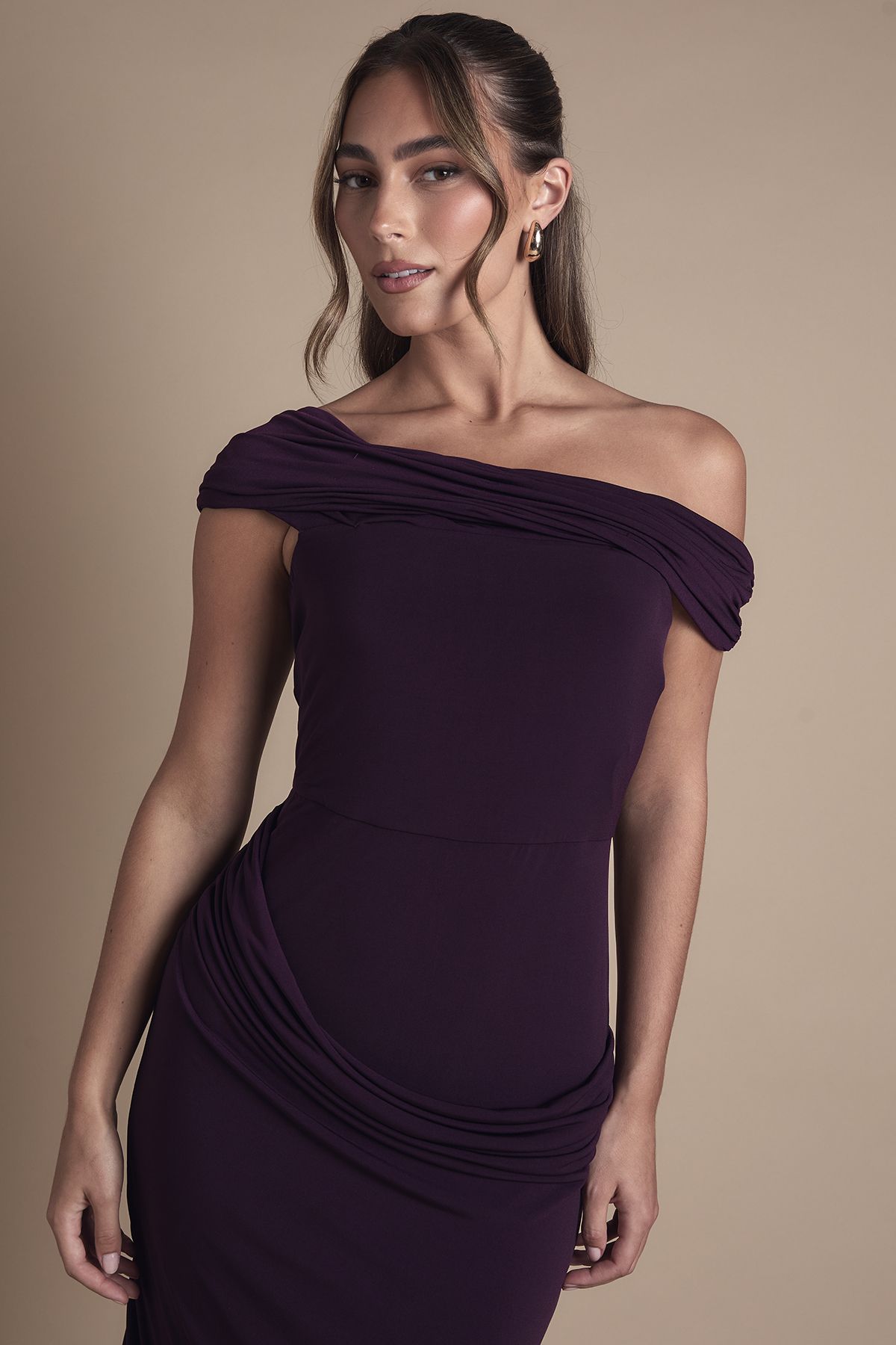 Coast Bardot Slinky Maxi Dress with Ruched Detailing Aubergine image 3