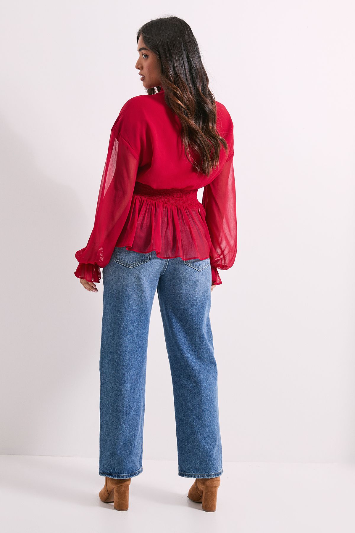 Dorothy Perkins Petite Tie Neck Shirred Waist Boho Blouse Red image 3