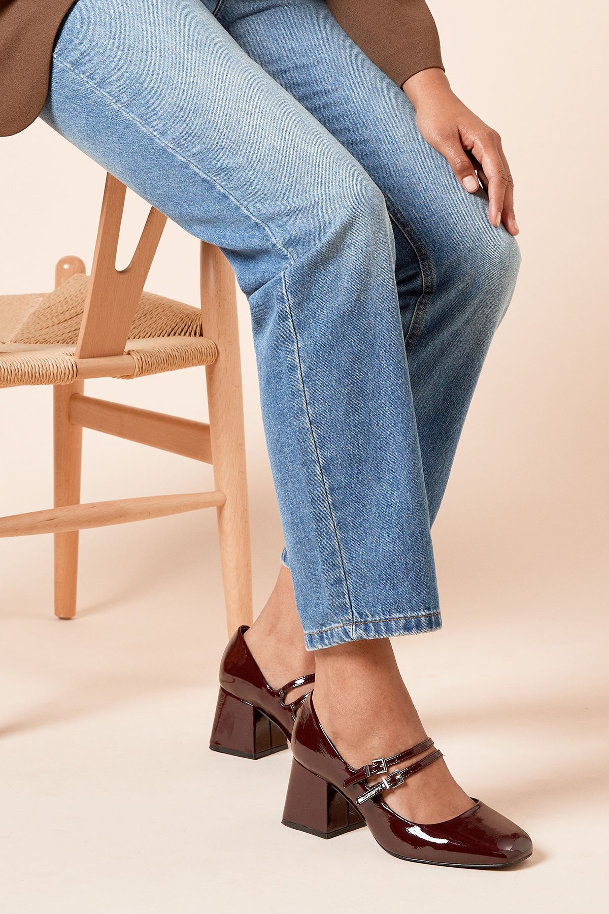 Dorothy Perkins Wide Fit Dawn Faux Patent Leather Double Mary Jane Mid Block Heel Court Shoes Dark Red image 2