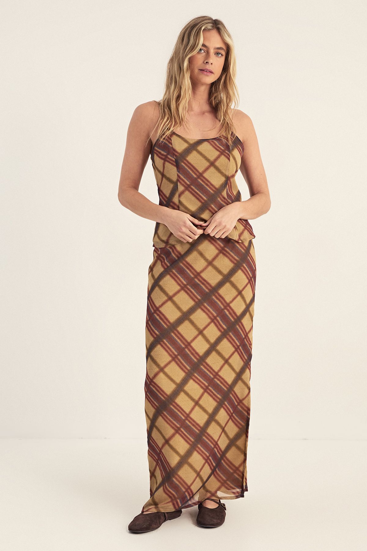 NastyGal Chiffon Check Bias Maxi Skirt Co-ord Beige