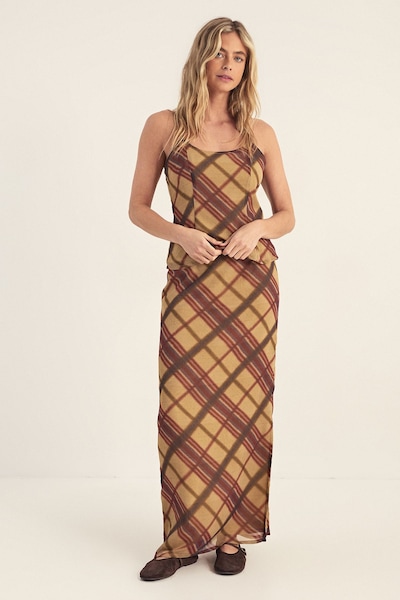 NastyGal Chiffon Check Bias Maxi Skirt Co-ord Beige