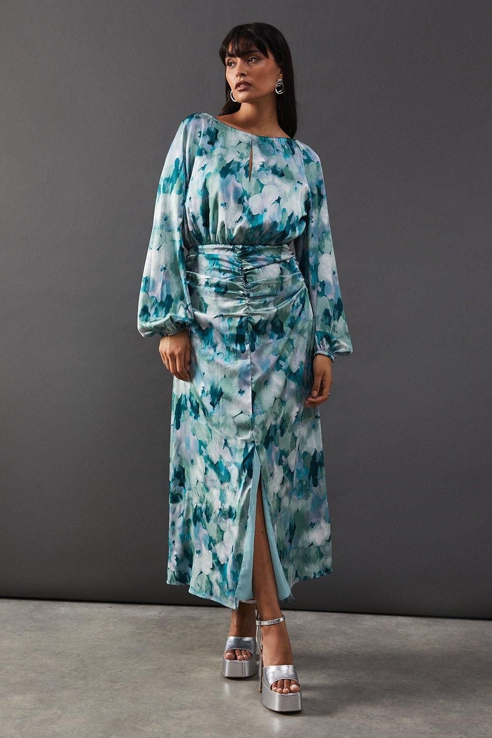 Warehouse Print Satin Ruched Front Midi Dress Green image 1