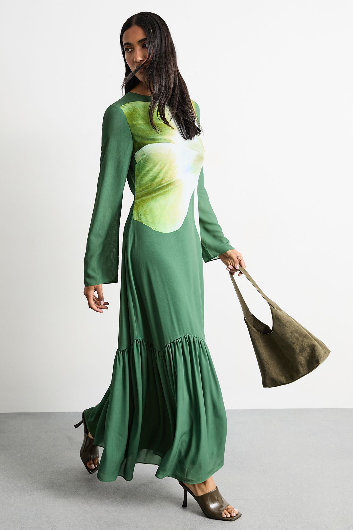 Warehouse Chiffon Placement Print Midaxi Dress Dark Green