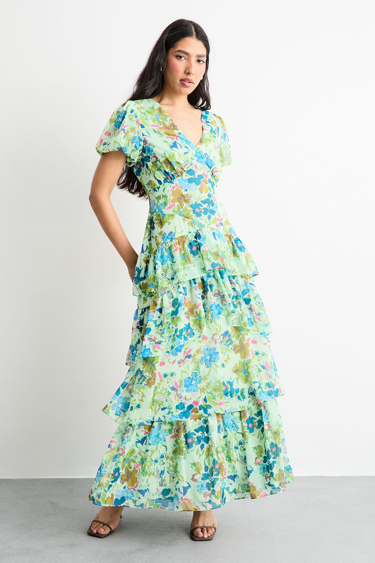 Warehouse Floral Dropped Waist Puff Sleeve Tiered Midi Dress Green image 1