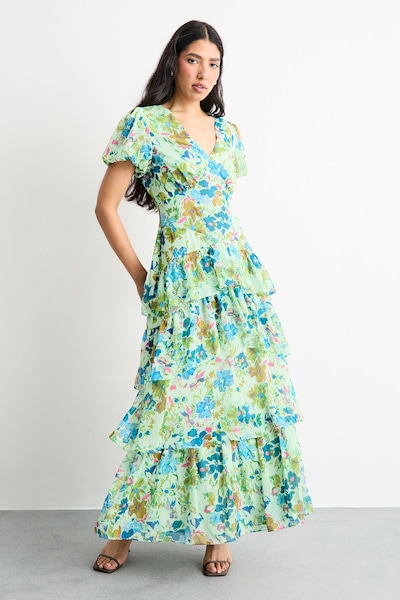 Warehouse Floral Dropped Waist Puff Sleeve Tiered Midi Dress Green