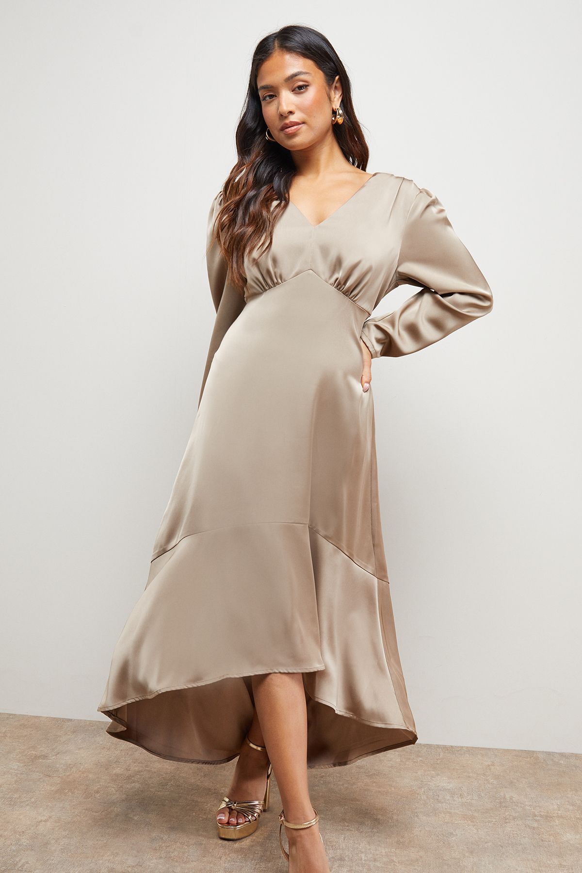 Oasis Petite Satin Puff Sleeve V Neck High Low Hem Midi Dress Mink