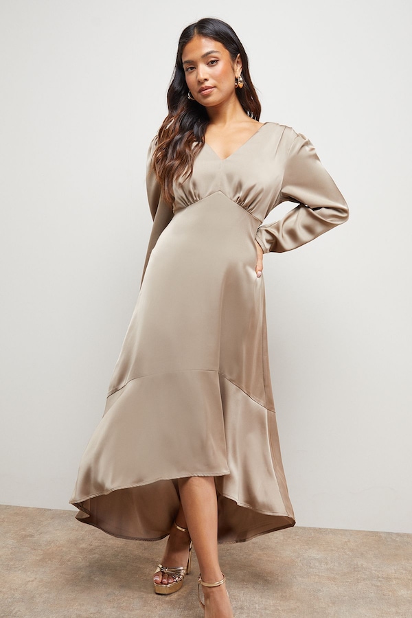 Oasis Petite Satin Puff Sleeve V Neck High Low Hem Midi Dress Mink