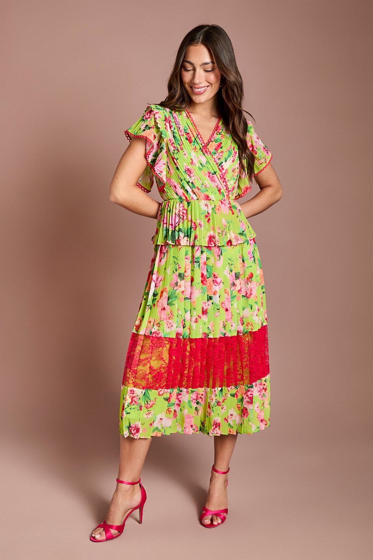 Coast Lace Insert Printed Wrap Midi Dress Green