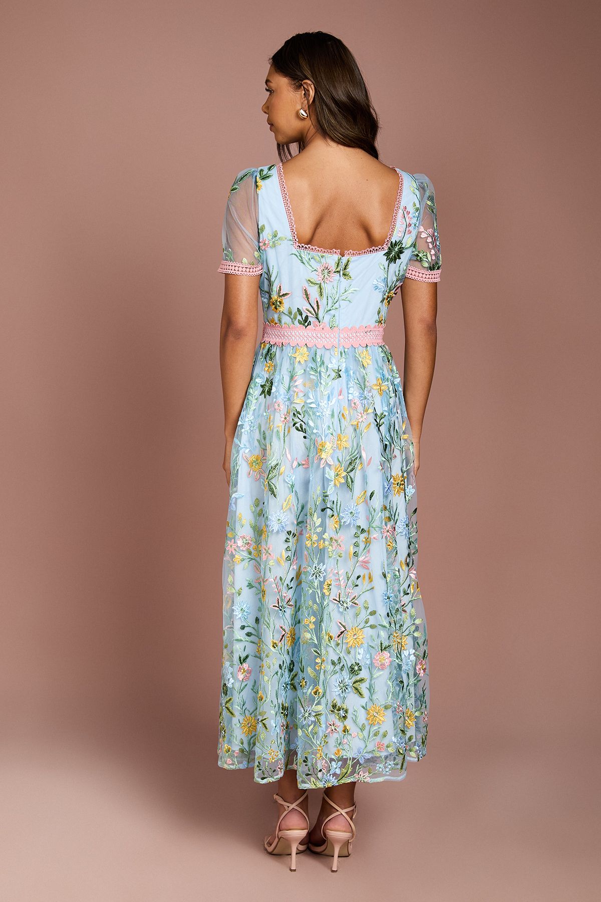 Coast Lace Trim Detail Embroidered Mesh Midi Dress Yellow image 3