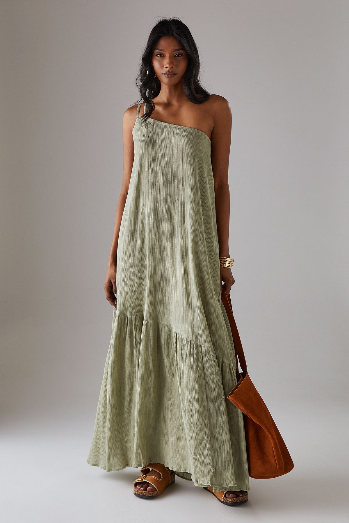 Warehouse Cheesecloth Double Strap One Shoulder Maxi Sundress Khaki image 1