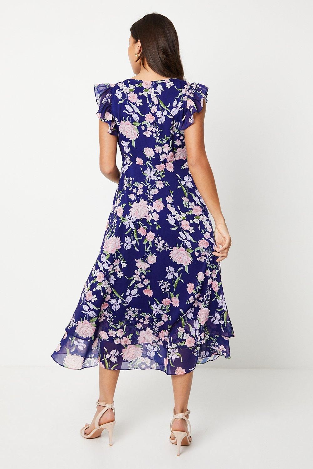 Oasis Petite Ruffle Shoulder Midi Dress Navy image 3