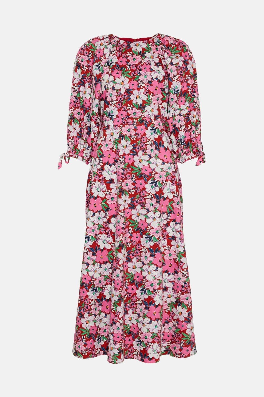 Oasis Artbox Floral Tie Cuff Printed Midi Dress Pink image 4
