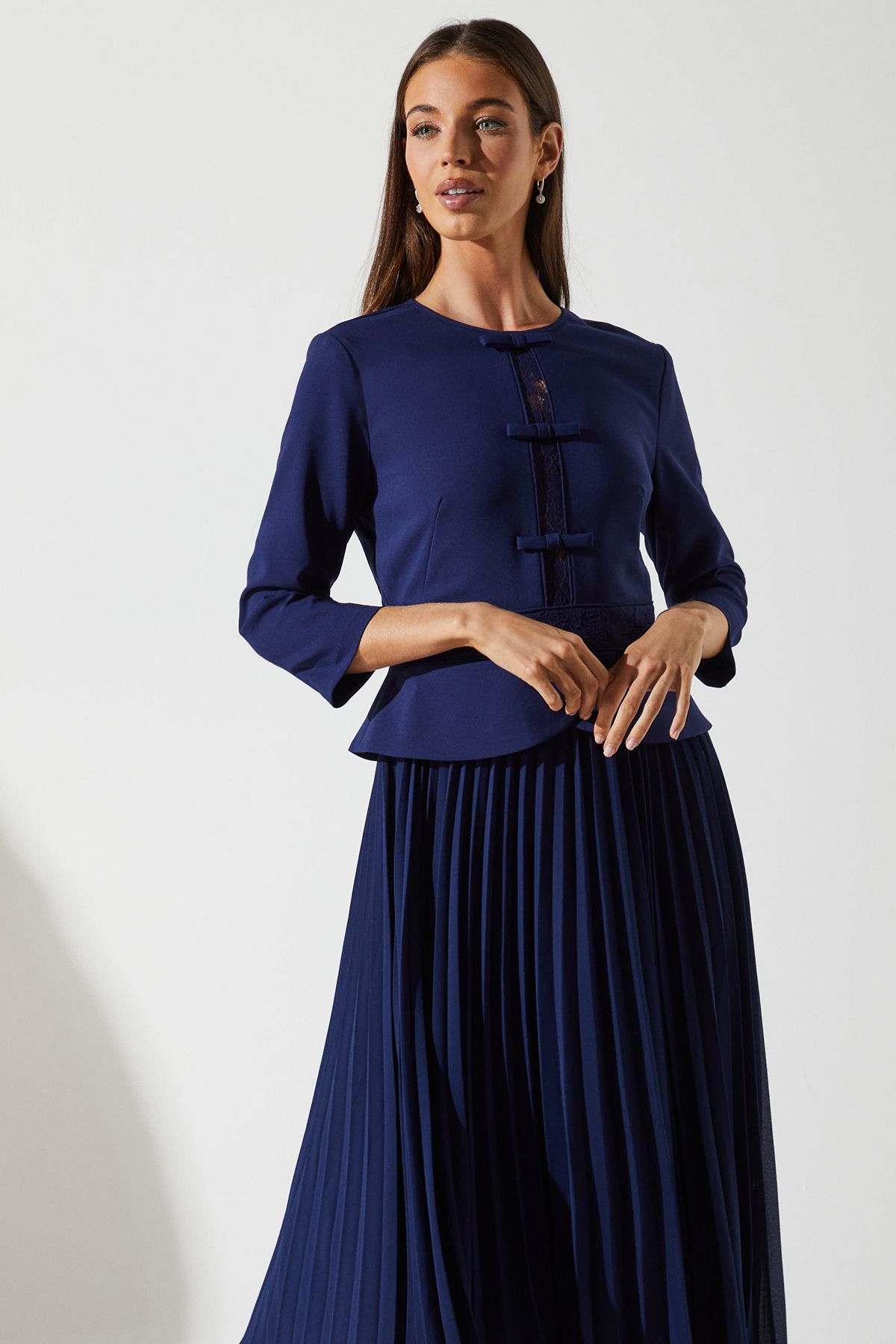 Coast Crepe Pleat Lace Dress Navy image 2