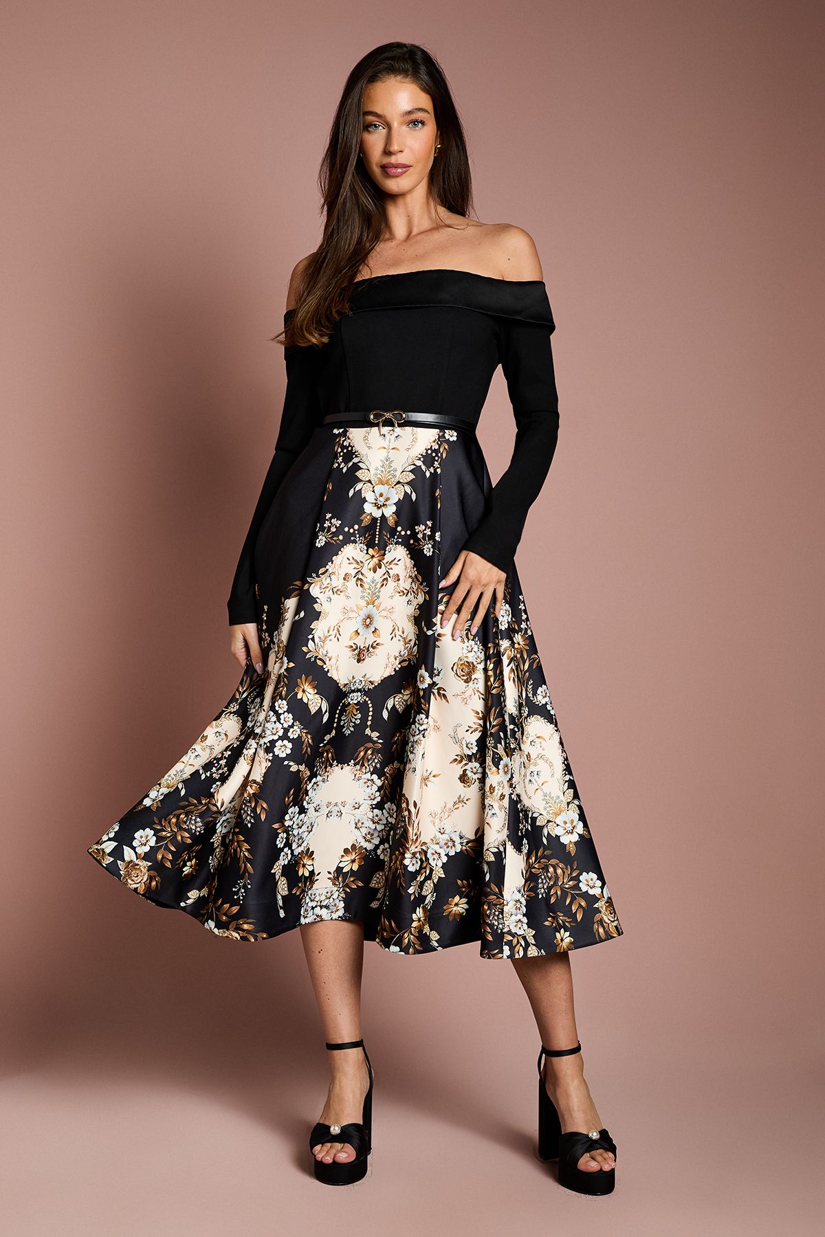Coast Bardot Long Sleeve Printed Midi Dress Black