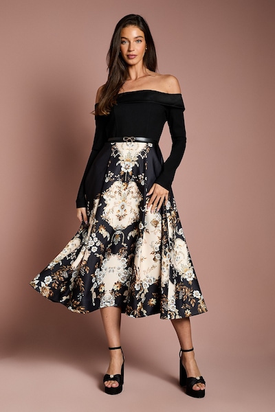 Coast Bardot Long Sleeve Printed Midi Dress Black