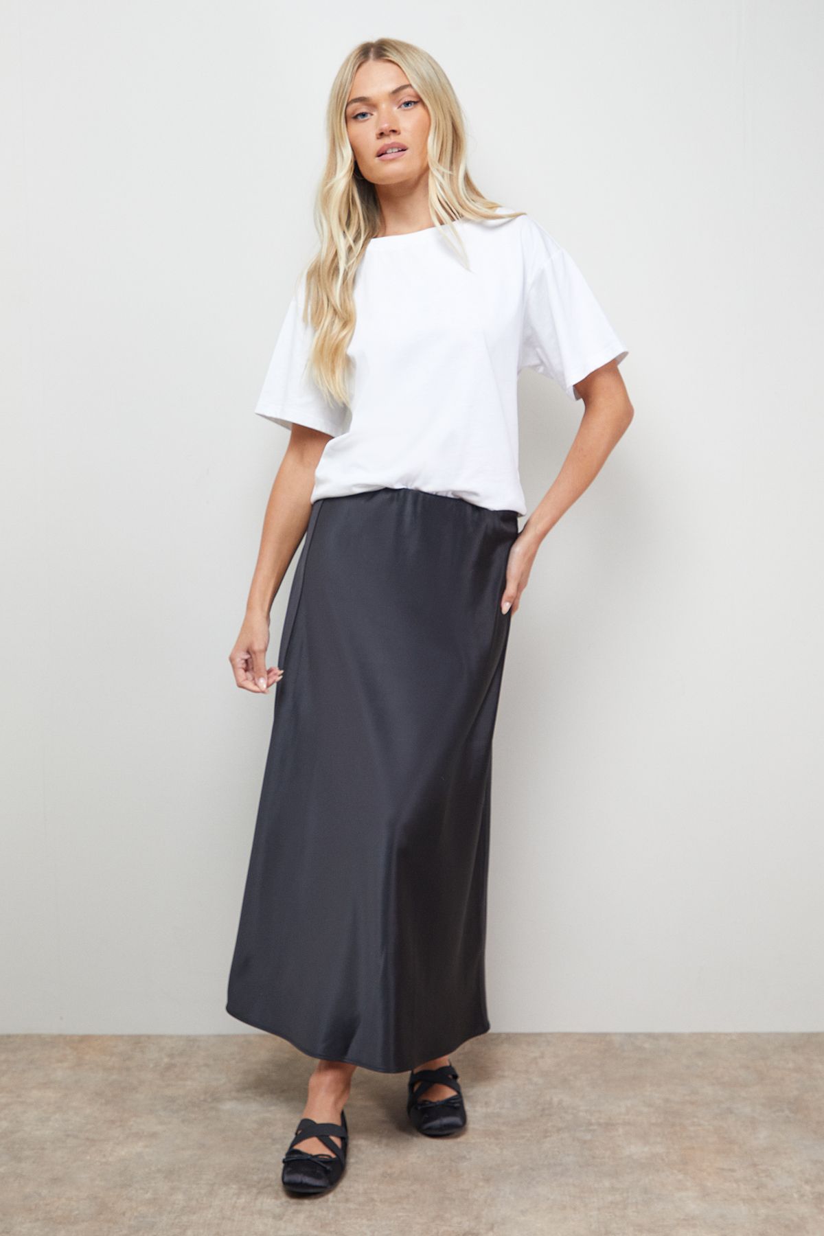 Oasis Bias Cut Satin Midi Skirt Black image 1