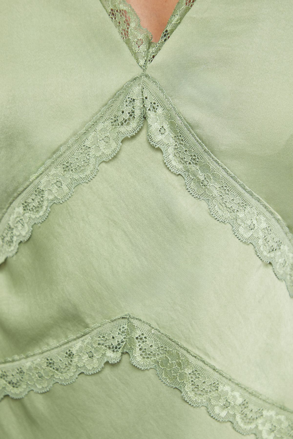 Warehouse Satin Contrast Lace Midi Slip Dress Olive image 5