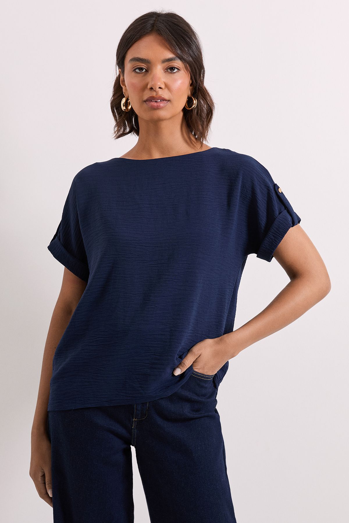 Dorothy Perkins Roll Sleeve Blouse Navy image 1