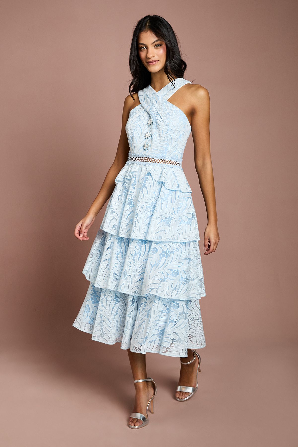 Coast Petite Tiered Lace Cross Halter Neck Button Detail Midi Dress Light Blue image 1