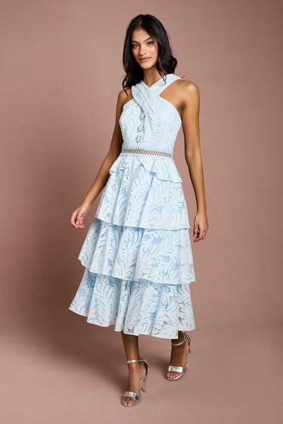 Coast Petite Tiered Lace Cross Halter Neck Button Detail Midi Dress Light Blue