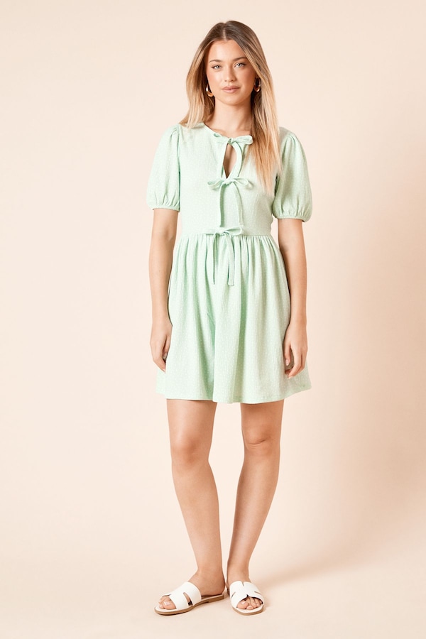 Dorothy Perkins Pin Spot Bow Tie Front Puff Sleeve Jersey Mini Dress Green