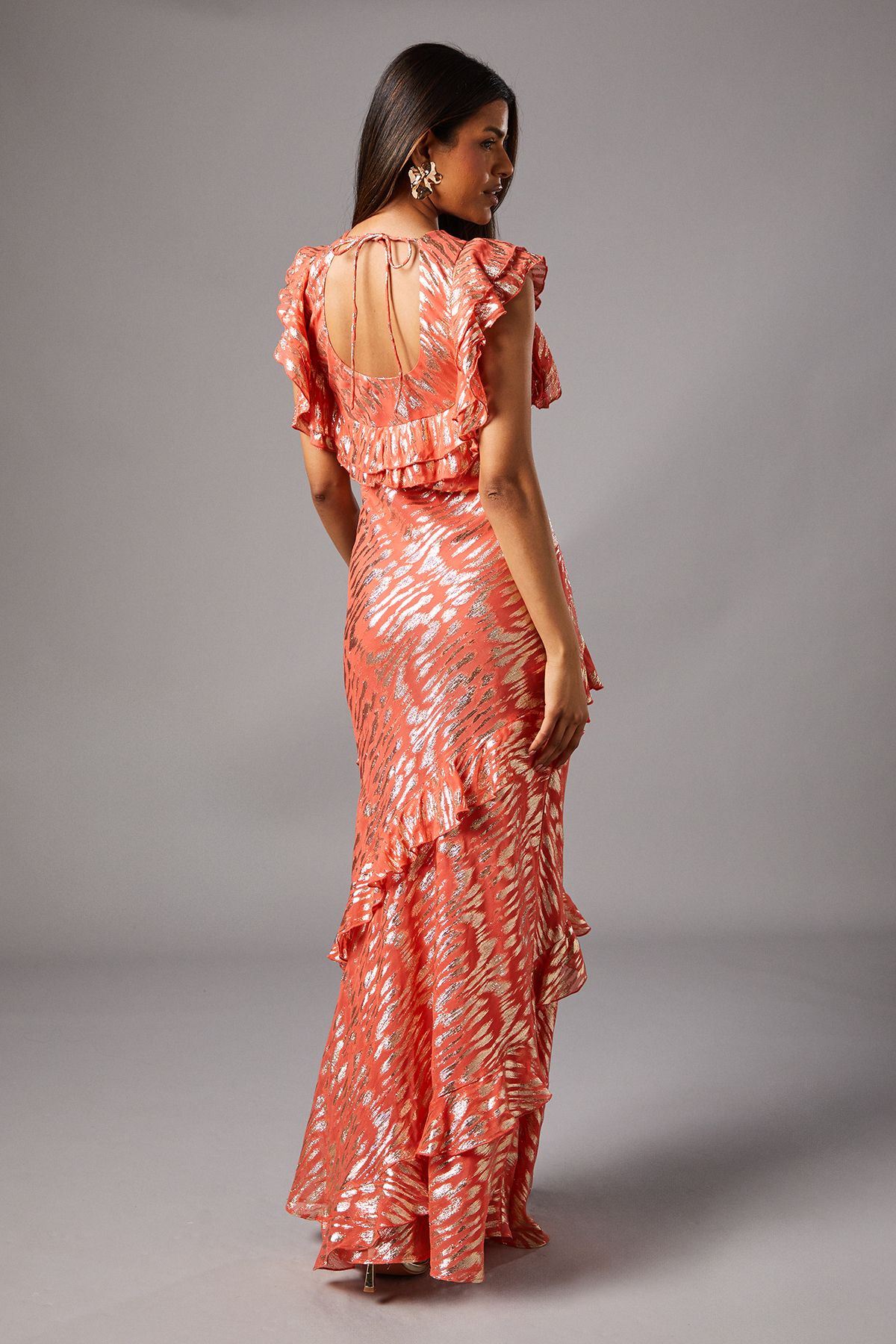 Coast Petite Metallic Jacquard Frill Midi Dress Peach image 4