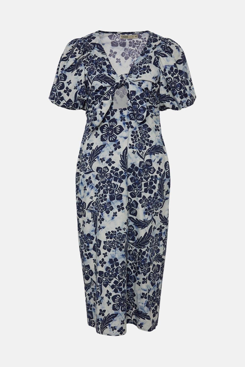 Oasis Petite Tie Front Floral Printed Midi Dress Blue image 4
