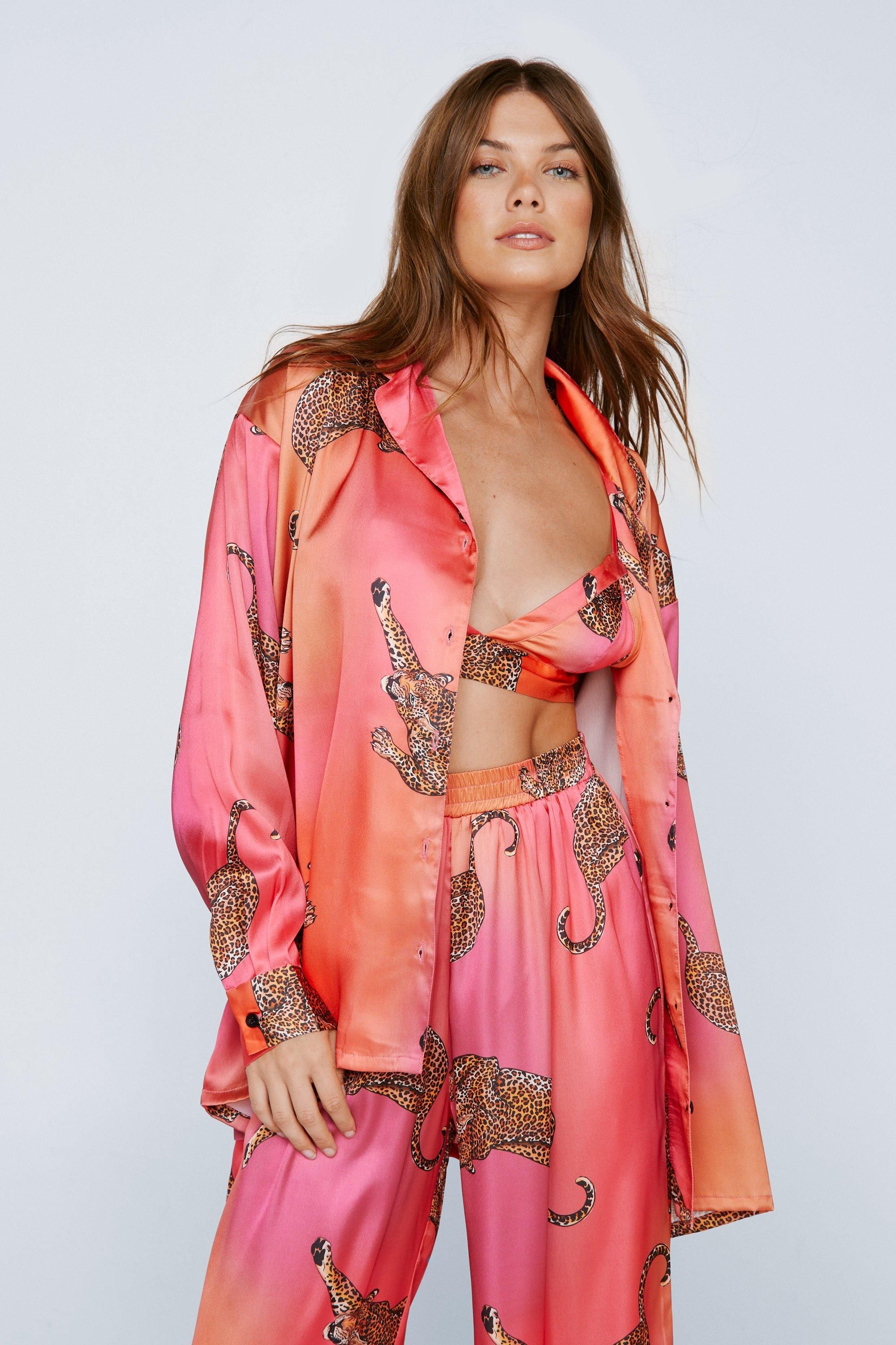 NastyGal Satin Leopard 3pc Shirt Bralette & Pants Pajama Set Pink image 2