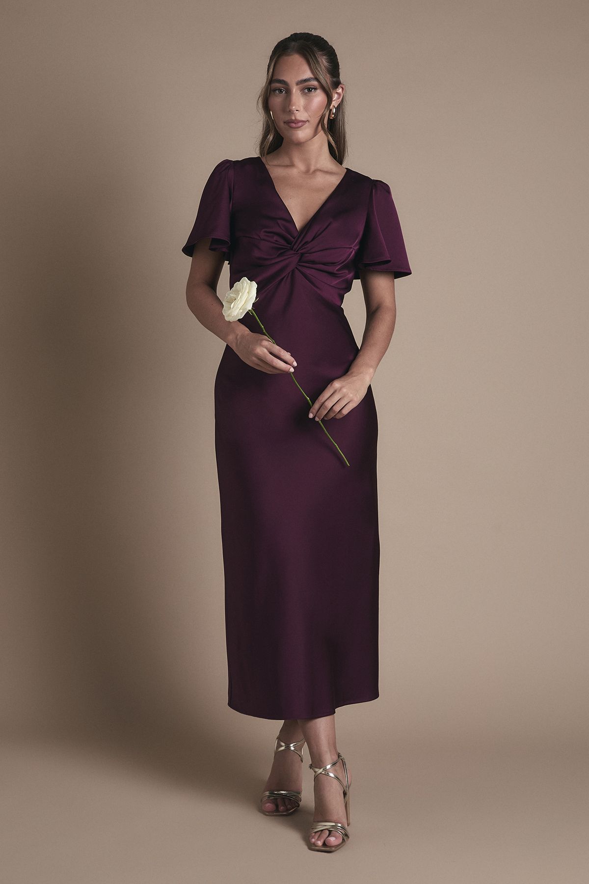 Oasis Satin Twist Front Angel Sleeve Midi Bridesmaid Dress Grape image 1