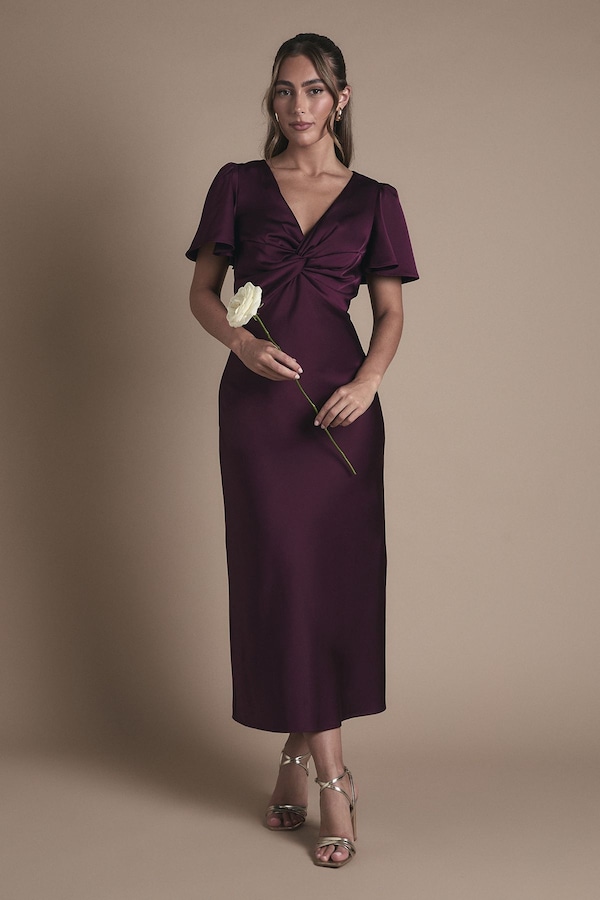 Oasis Oasis by Coast Satin Twist Front Angel Sleeve Midi Bridesmaid Dress Grape