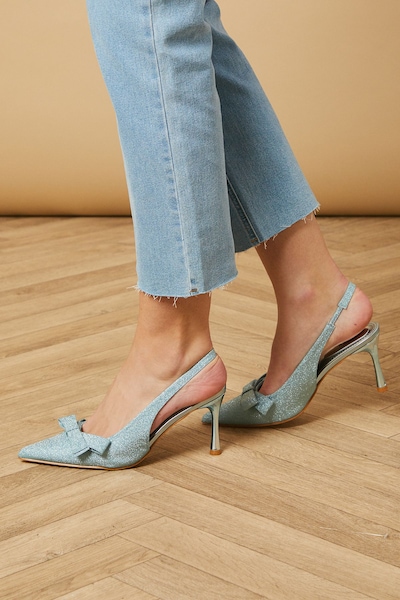 Oasis Brina Glitter Bow Detail Slingback High Stiletto Heel Court Shoes Blue