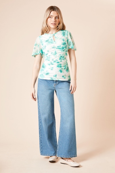 Dorothy Perkins Green Floral Keyhole Ruched Front Angel Sleeve Mesh Jersey Top Green