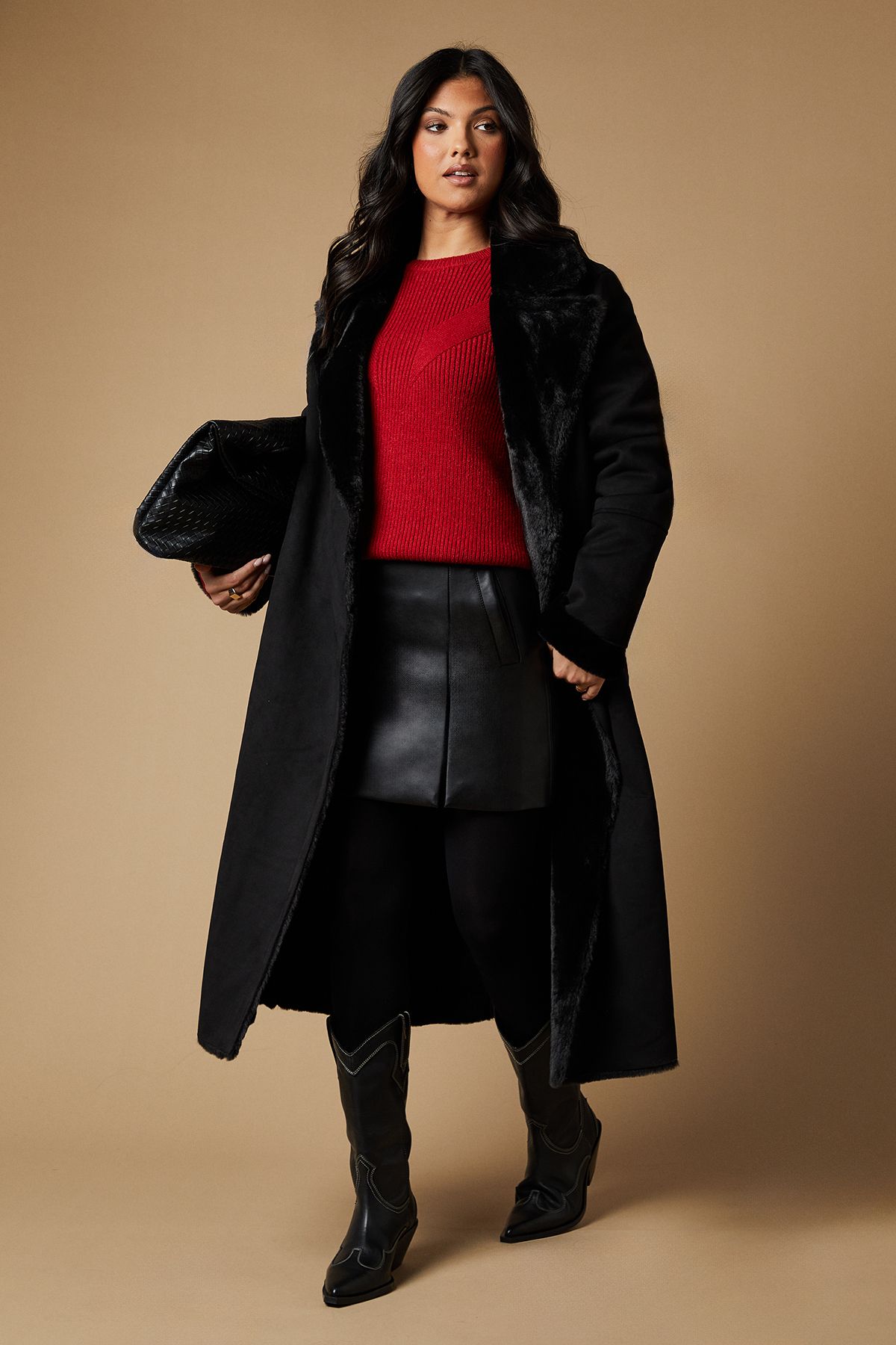 Oasis Fur Lined Belted Suedette Coat Black image 1