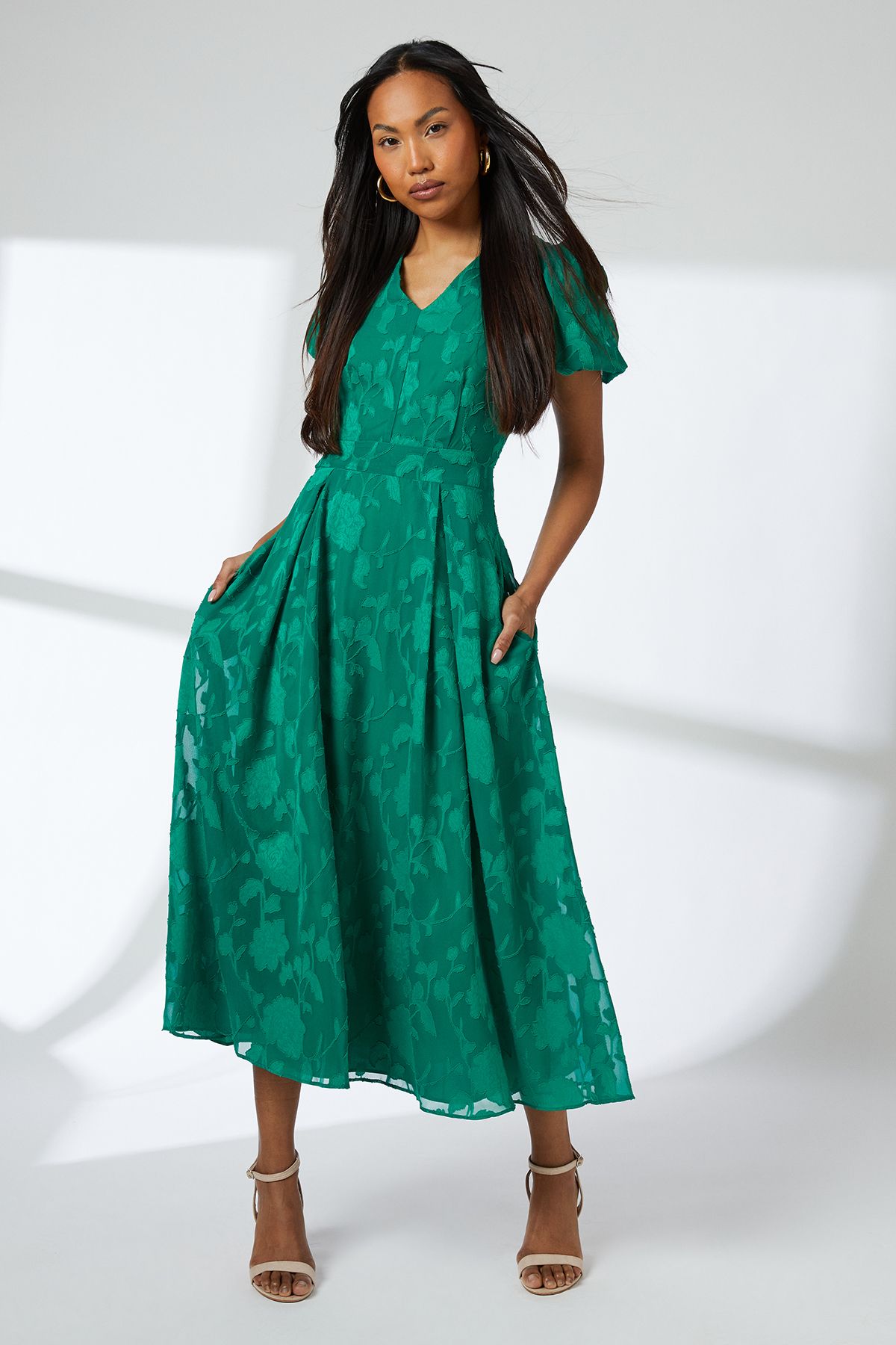 Principles Floral Jacquard Puff Sleeve Midi Dress Green image 4