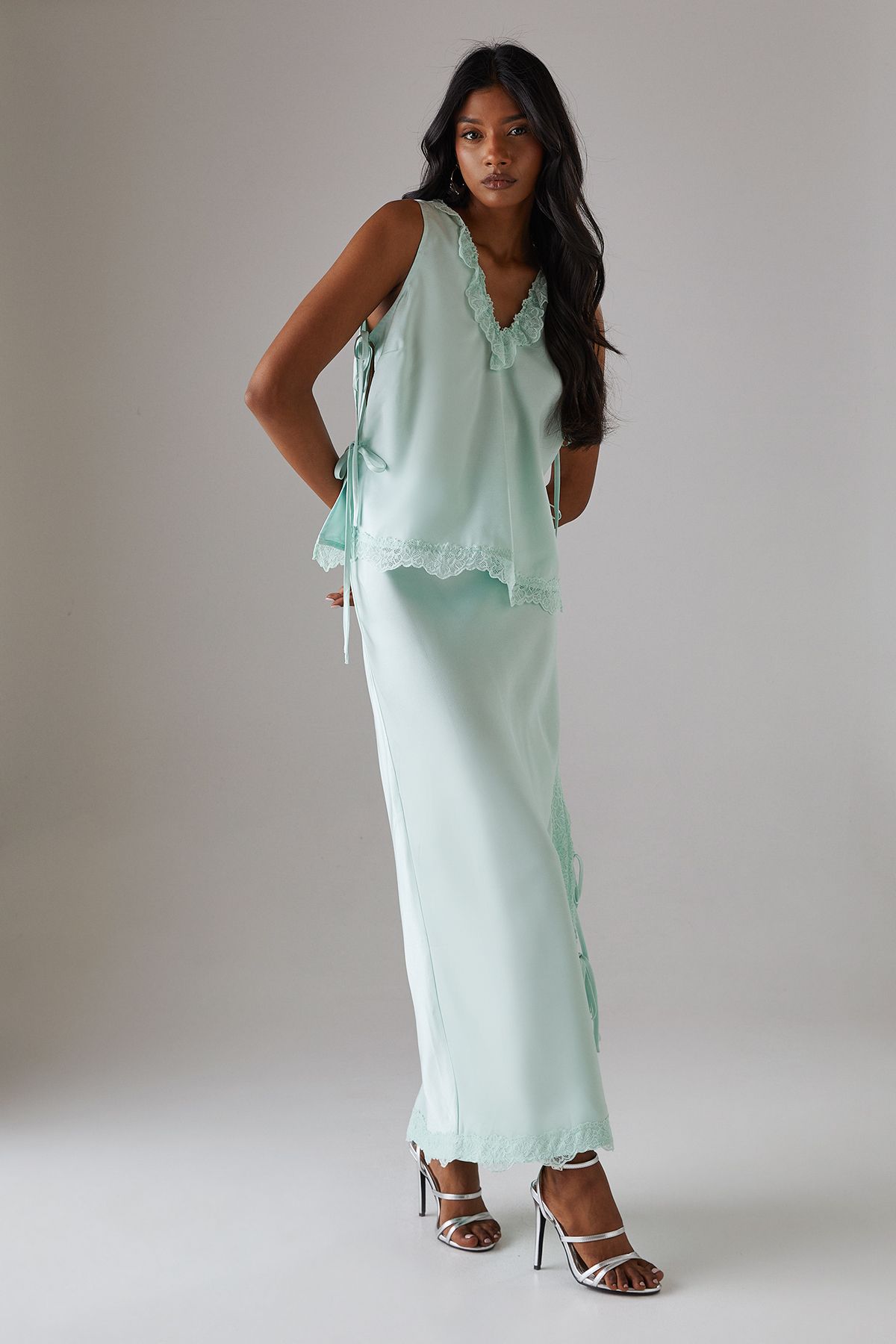 Warehouse Satin Lace Insert Tie Side Cami Top Pale Blue image 4