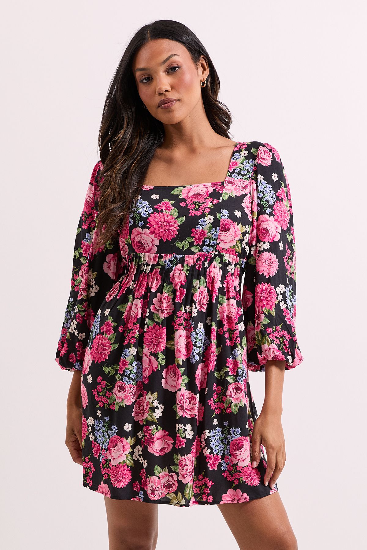 Dorothy Perkins Black Floral Square Neck Blouson Sleeve Tie Back Mini Dress Black image 4