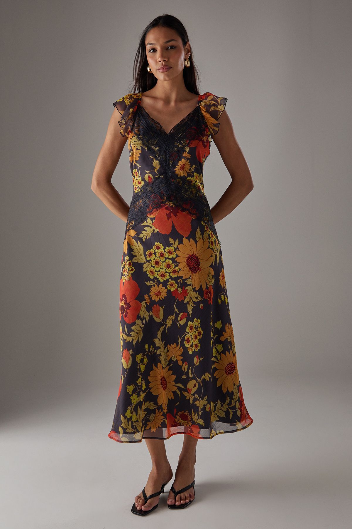 Warehouse HCD Chiffon Lace Insert Frill Sleeve Midi Dress Floral image 1