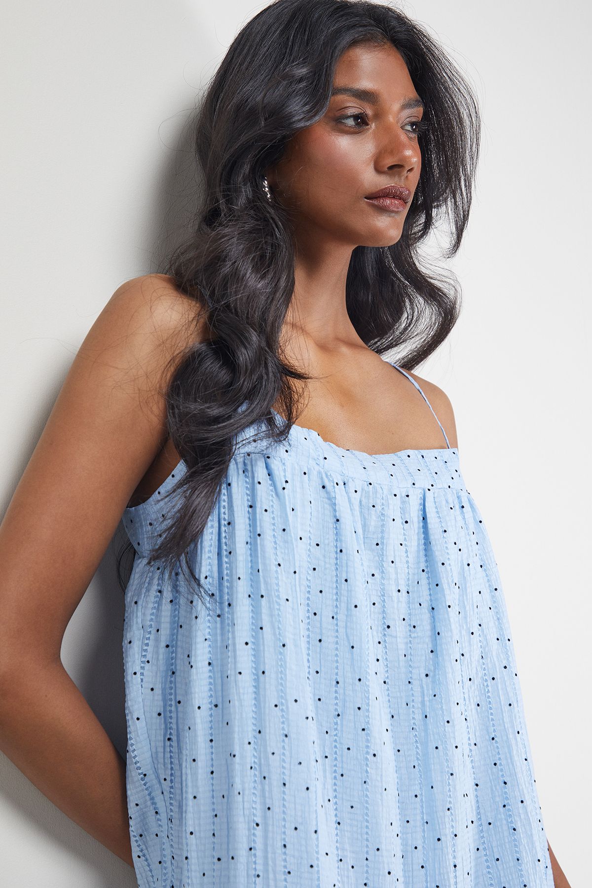 Warehouse Spot Organza Strappy Bubble Hem Mini Dress Blue image 4